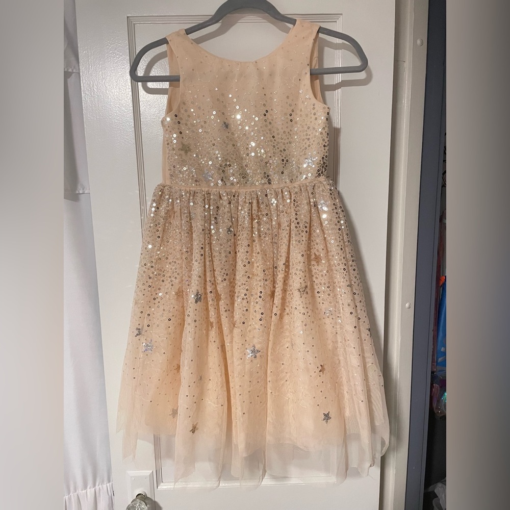 Sequined tulle dress in peach